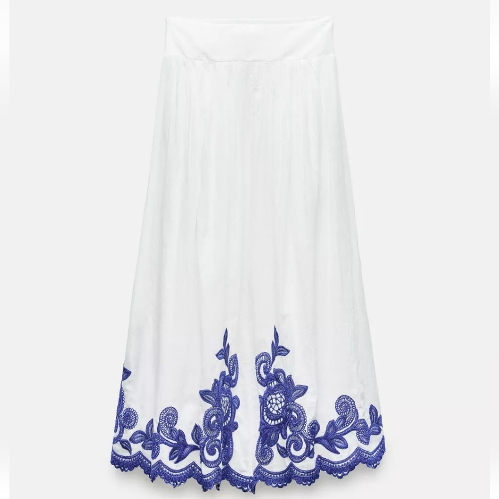 Zara White Maxi Skirt with Blue Embroidery